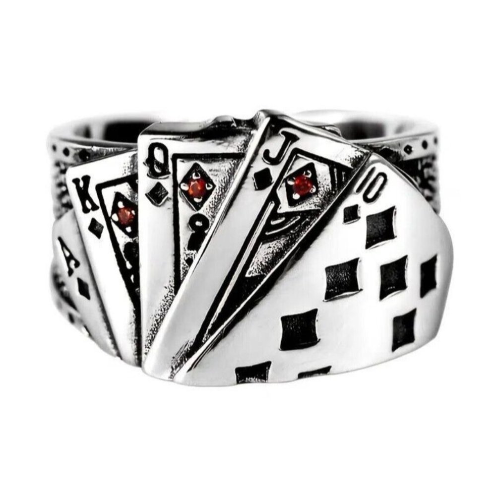 Royal Flush Poker Ring Silver Plated Simulated Ruby Diamonds Cards Adjustable Sz